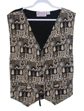 AMRAV Vintage Jacquard Folk Art Button Front Vest in Neutral Tones Size M